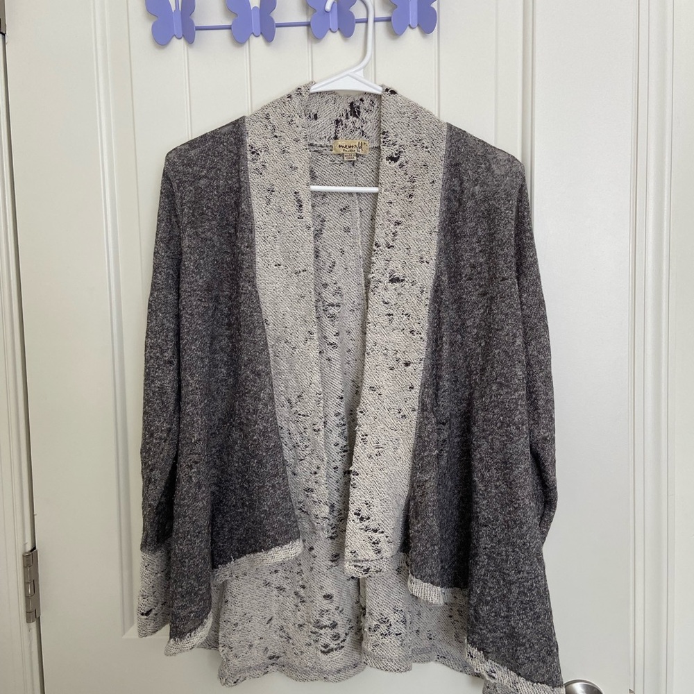 One World women’s gray distressed drapey‎ open front knit cardigan petite large